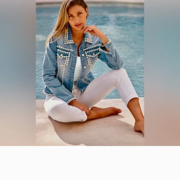 NWT Boston Proper Pearl Embellished Denim Jacket - Picture 1 of 8